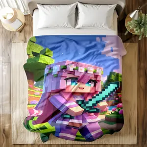 Minecraft - Style Printed Blanket with Pixel Art Girl Warrior Scene - Super Soft & Skin - friendly, Long - Lasting & Quick - Drying, Machine Washable, Multi - Size for Bed, Sofa, Travel, Camping & Office Naps, Ideal Gift for Gaming Fans