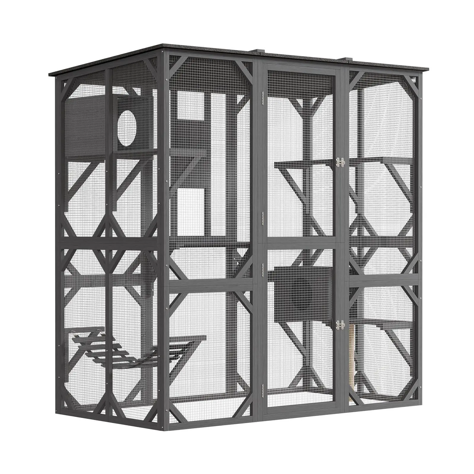70" Large Walk-in Catio with Window Access & Asphalt Roof, Outdoor Cat Enclosure with Scratch Post, Bridge, 4 Platforms & Hammock for Cats, Wood Cat Patio Grey