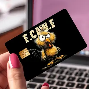 Funny Chicken Meme Featuring The F-CAW-F Slogan And a Vintage Rooster Design, Along with Various Types of Cards Like Credit, Debit, Transit, And Room Key Cards, Plus Skin Stickers