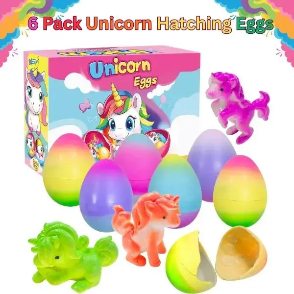 Unisex 6-Pack Hatching Unicorn Egg Capsule Toys - 600% Growth Magic Hatch, BPA-Free Safe Plastics, Ages 2+, Easter Basket Stuffers, Kids' Party Favors