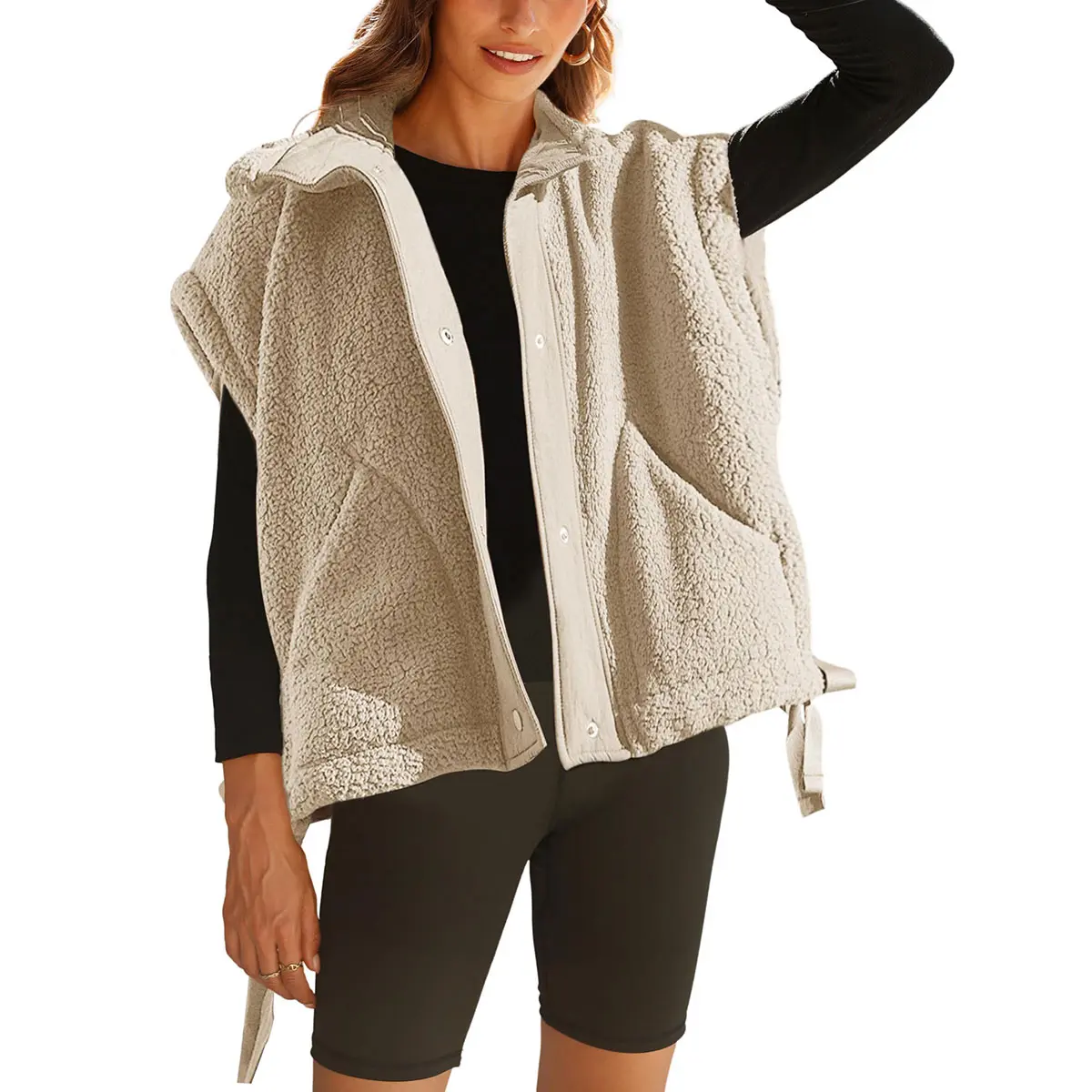 Women’s Oversized Sherpa Fleece Vest Button Up Sleeveless Jacket Casual Winter Layering Vest