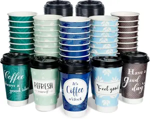 Disposable Coffee Cups with Lids 16 oz, 50 Pack Double-Walled Fun Designs, Insulated, Hot Beverage Paper Cups for Cold & Hot Drinks