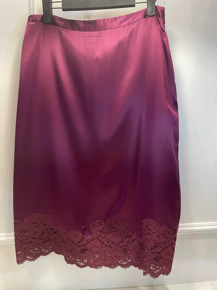 (8) 100% Silk Skirt with Lace Details - Maroon Color Skirt Featuring Elegant Lace Trimming Womenswear