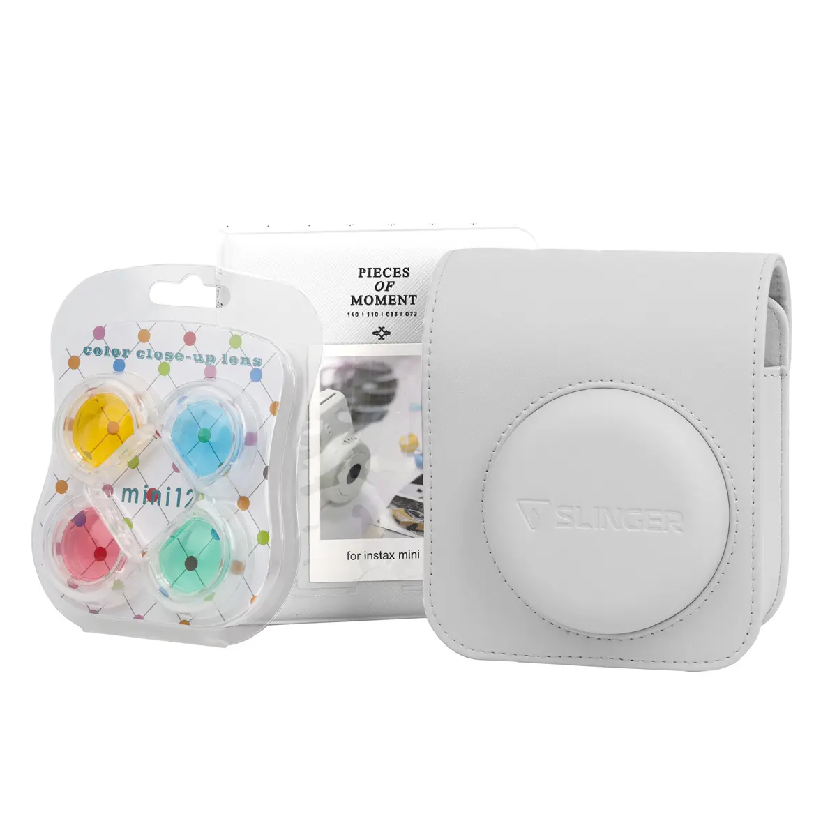Slinger Instant Camera Accessories Kit for FujiFilm Instax Mini 12 - PU Leather Protection Case, Filter Lenses, Clay White (Scrapbooking & Stamping DIY Accessory)