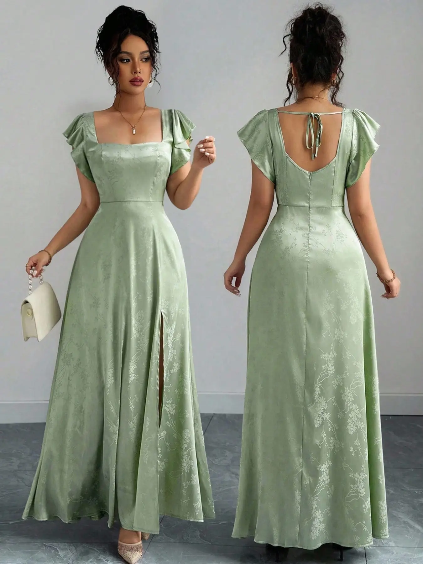 Women's square neck maxi dress with flutter sleeves, open back and side slit. French elegance, Chic and Elegant sophisticated style, suitable for formal wear, weddings, dinners, vacations, dates and other occasions.