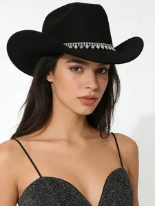 Western Style Rhinestone Cowboy Hat, Wide Brim Wool Blend Party Cap, Versatile Denim Hat for Nightclub & Clubbing