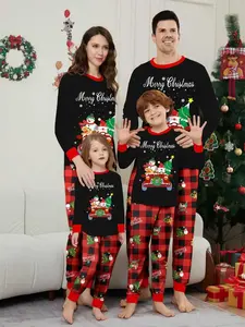 Christmas Family Pajamas Set, 2-Piece Cartoon Car Santa Snowman Bear Print Top, Striped Plaid Pants, Casual Fitted Sleepwear