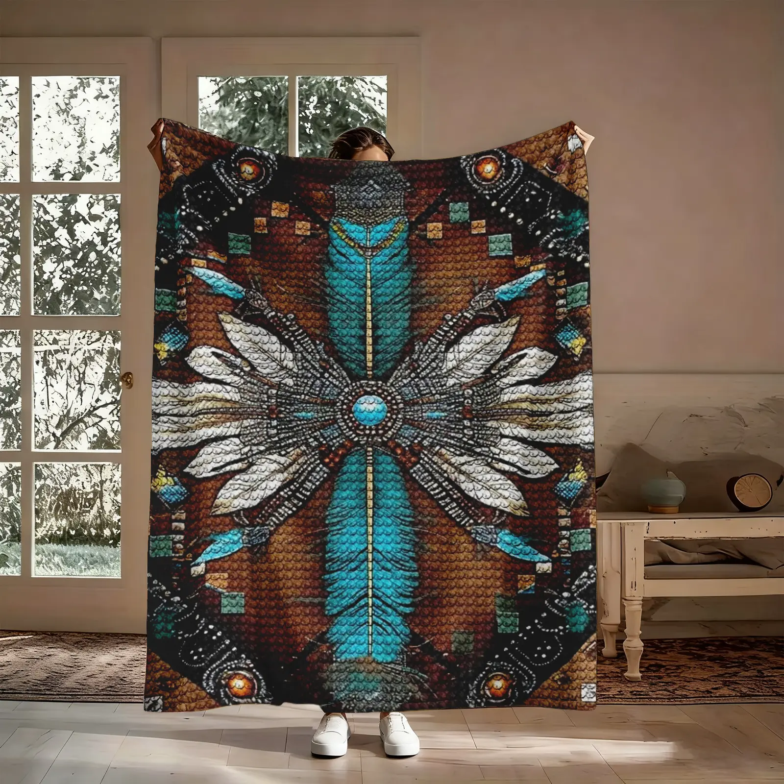 Native American Feather Flannel Throw Blanket, Tribal Turquoise Sun Totem Geometric Pattern Soft Warm Cozy Nap Blanket for Couch Bed Sofa, Boho Southwestern Gift for Him Her Art Lover, Birthday Christmas Holiday Housewarming Gift