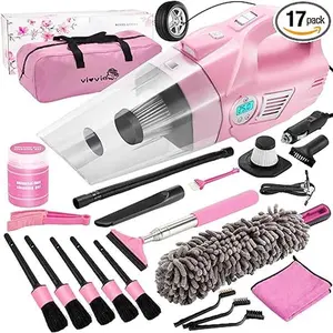 Pink Car Cleaning Kit, 21PCS Car Detailing Kit Interior Cleaner with 4-in-1 Handheld Car Vacuum Cleaner, Detailing Brush Set, Side Mirror Squeegee, Car Accessories for Cleaning, Gift for Women