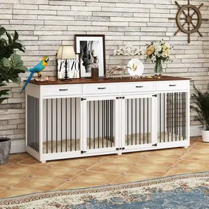 FUFU&GAGA Large Dog Crate Furniture, 86.6" Wooden Dog Kennel with 4 Drawers and Divider, XL Heavy Duty Dog Cage Furniture for 2 Large Dogs Indoor