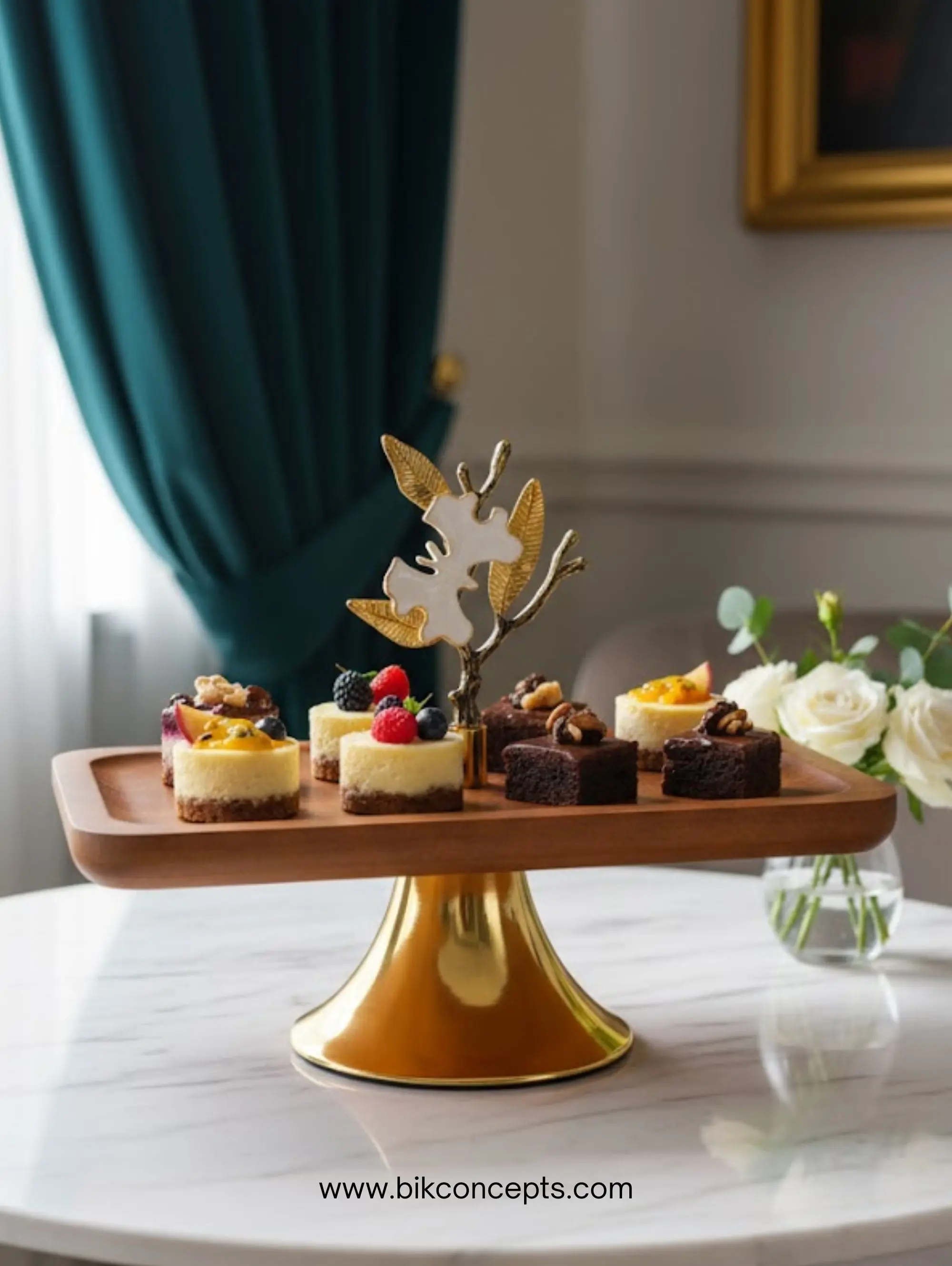 Rectangular Single-Tier Wooden Serving Platter with Golden Finish Stand, Orchid Handle - Modern Kitchenware for Formal Events