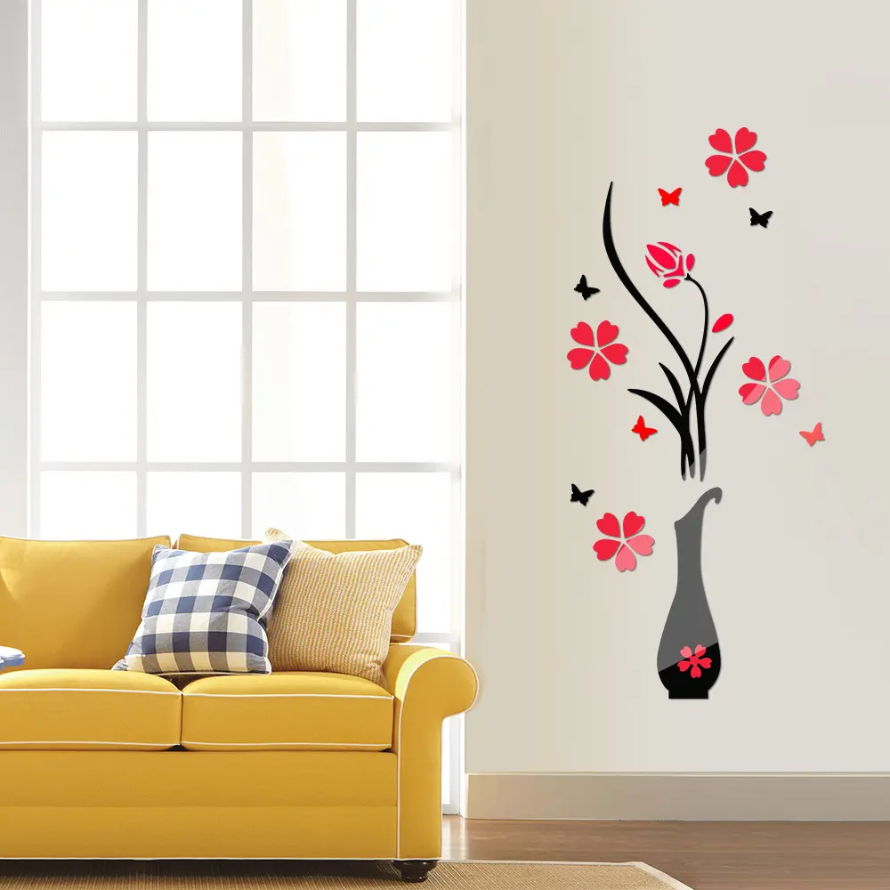 1 Set Modern 3D Acrylic Wall Stickers - Elegant Red Plum Blossom Vase, Black-Red Butterfly Decals, Waterproof Self-Adhesive Art for Sofa Background, Hallway Home Decor