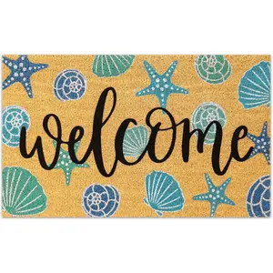 Seashell Door Mat Aqua Blue Beach Theme Welcome Floor Mat Non-Slip Entrance Door Rugs for Indoor Outdoor Home Bathroom Decor