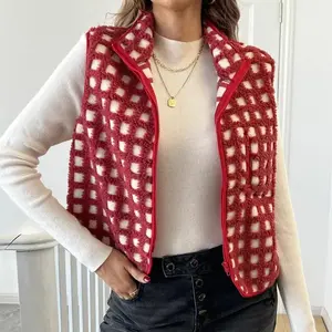 Womens Checkered Sleeveless Zip Up Warm Sherpa Polar Fleece Vest Jacket With Chest Pocket
