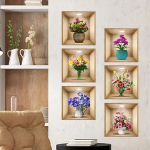 Creative Fake Wood Grid Flower Potted Wall Sticker, Creative Flower Potted Wall Decal Suitable for Living Room, Bedroom, and Indoor Home Decoration, Wall Art Stickers, Decorative Decal