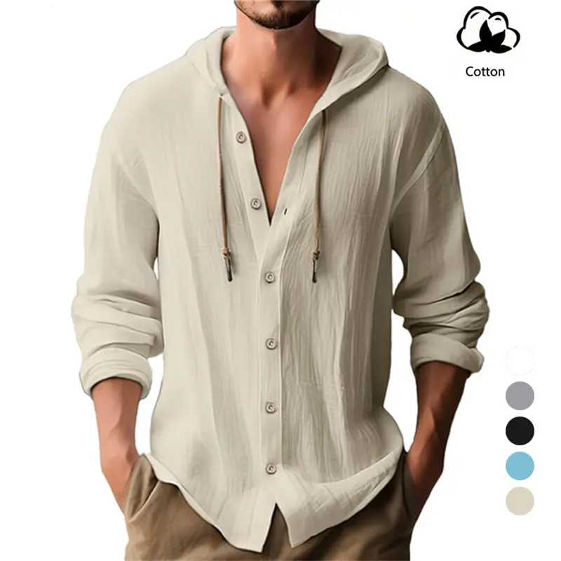 Men's Linen-look fabric Hooded Long Sleeve Lightweight Breathable Button-Up Shirt, Casual Fashion Tops For Daily Commute/Beach Vacation