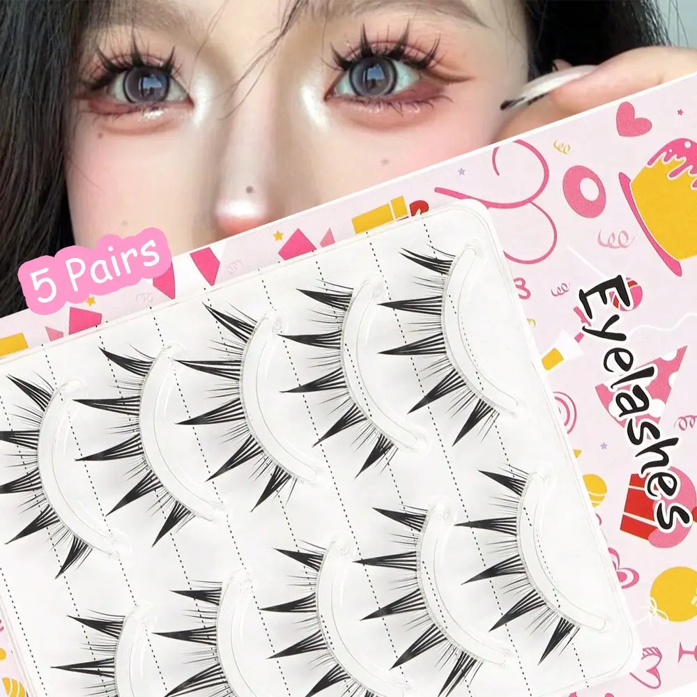 5 Pairs Cute Sweet Cartoon Style False Eyelashes, Makeup, Natural Cat Eye Effect, Small Devil Transparent Tip, Cosplay Lash, Lolita Style