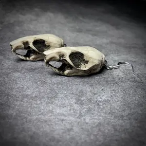 Rat Skull Resin Replica Earrings, Aged Finish