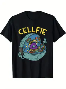 Cell Fie Funny Science Biology Print Men's Crew Neck Fashionable Short Sleeve Sports T-shirt, Comfortable And Versatile, For Summer And Spring, Athletic Style, Comfort Fit T-Shirt, As Gifts