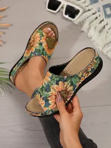 Women's Comfortable Slip-On Shoes, Sunflower Print Thick Sole Design, Ideal for Daily Wear & Outdoor Activities