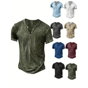 Men'sDistressedHenleyShirt-SlimFitShortSleeveButton-UpCottonT-ShirtwithV-Neck&PlacketDetailing,MachineWashableCasualShirtinOliveGreen,Black,Blue,Burgundy,SportyApparel|AthleticStyle|ComfortableTee