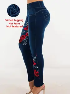 Printed Legging Not Denim Fabric with Floral Rose Print, Stylish All over Print Leggings for Valentine's Day Party, Imitation Denim Design, Faux Womenswear