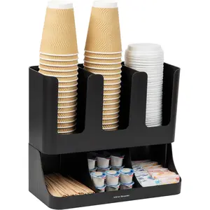 Condiment Station, 13 Inch Countertop Coffee Bar Organizer with 6 Compartments, Storage Caddy for Cups, Lids and Packets, Plastic, Black EMS Mind Reader LLC