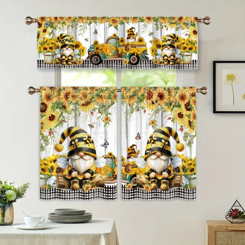1pc Curtain Header / 2pcs Curtains, Country-Style Sunflower Car Gnome Dwarf Kitchen Curtains, Rod Pocket Decorative Printed Light-Filtering Curtains for Kitchen, Living Room, Office, Bedroom Home Decor casual high ceiling room decor set inganchos summervi
