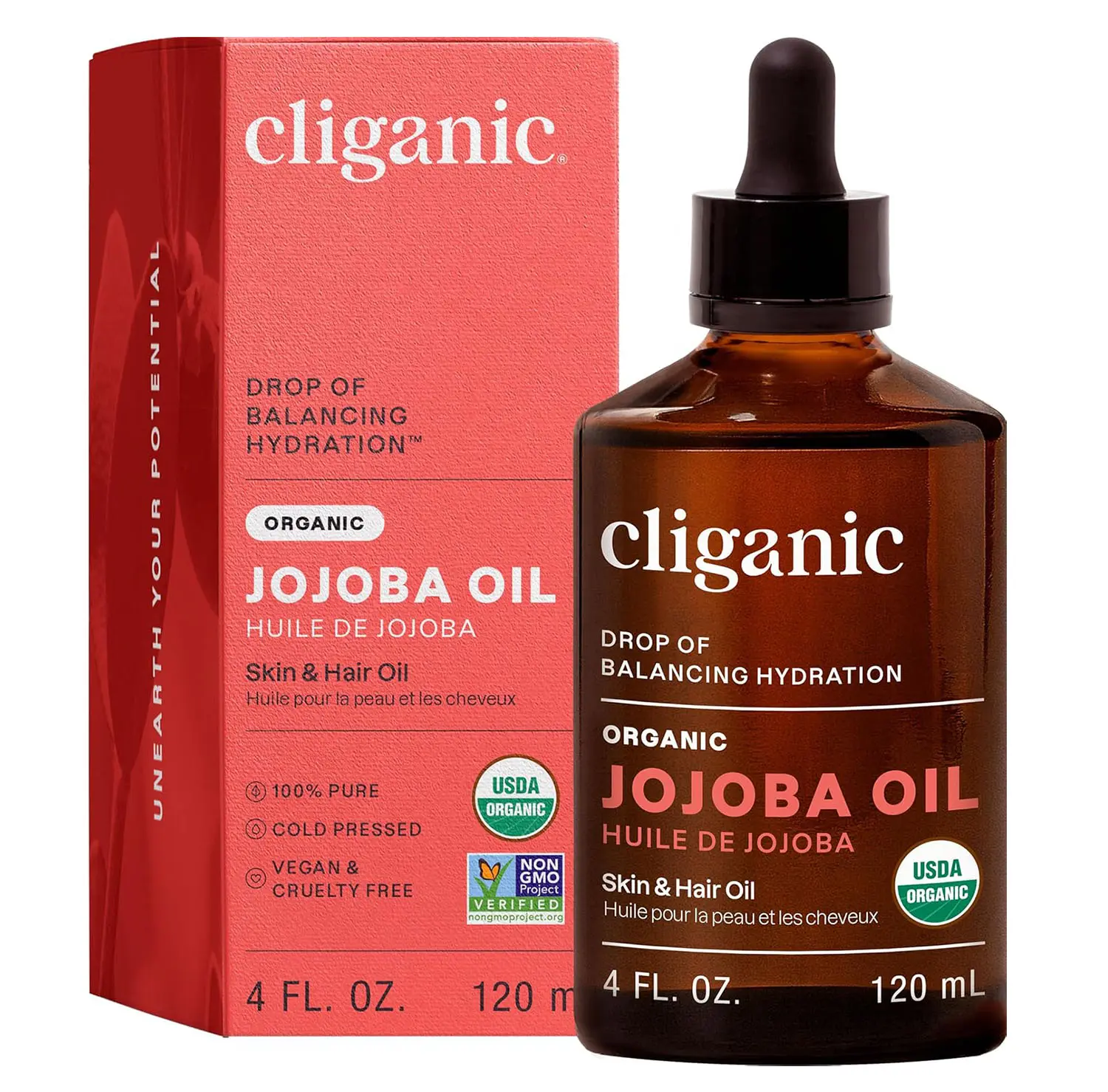 Cliganic Organic Jojoba Oil, 100% Pure (4oz) | Moisturizing for Face, Hair, Skin & Nails | Natural Cold Pressed Hexane Free | Base Carrier Oil
