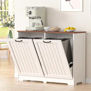 【Does Not Include Trash Can】 Dragosum Wooden Hidden Trash Can Cabinet | Tilt-Out Design for 2 Recycling/Trash Bins, Dog Proof, Perfect for Kitchen, Bathroom, Laundry & Living Room