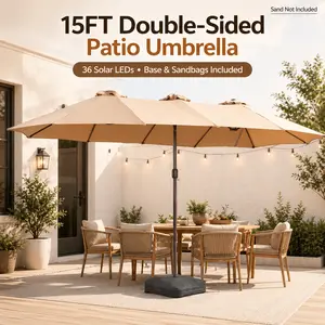 POUUIN 15FT Double-Sided Outdoor Shade Canopy Solar Parasol - 36 Solar LED Lights, Crank-Operated Twin Market Umbrella, Steel Cross Base, 2 Fillable Sandbags, Beige Outdoor Furniture for Patio, Deck
