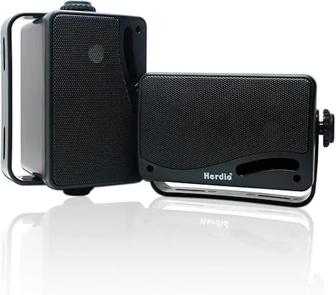 Herdio Stainless Steel Outdoor Wired Speakers - 6.5" 400W & 3.5" 200W Waterproof Plug-In Stereo, Wall-Mount High-Output Non-Bluetooth Audio, Black/White Pair, Smartphone Compatible, Patio Use