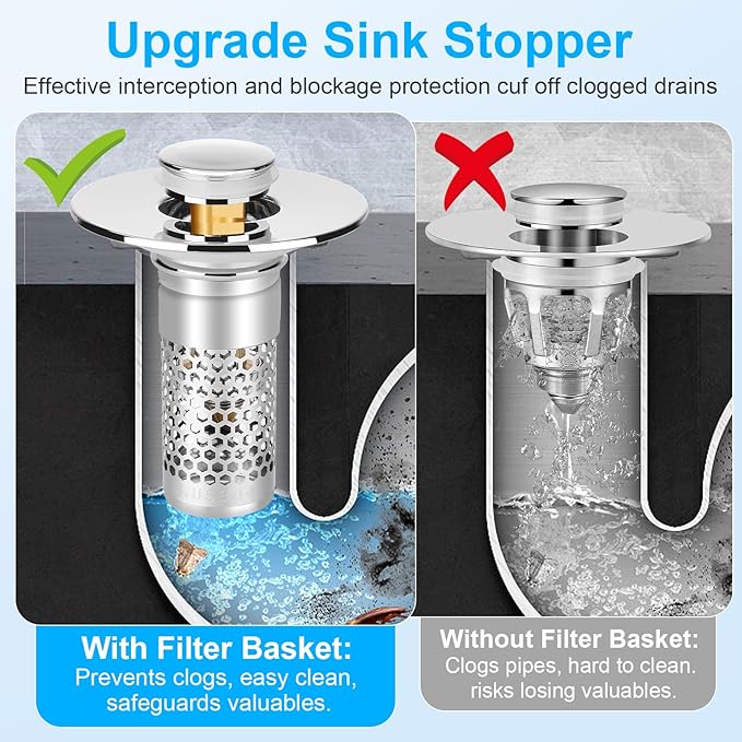 Upgrade Stainless Steel Modern Anti-Odor Bathroom Sink Stopper with Bouncing Core & Brass Pop-Up Drain Plug for Bathtub Home Goods ，universal bathtub drain stopper，bathroom sink strainer High Pressure Shower Handheld Shower Head