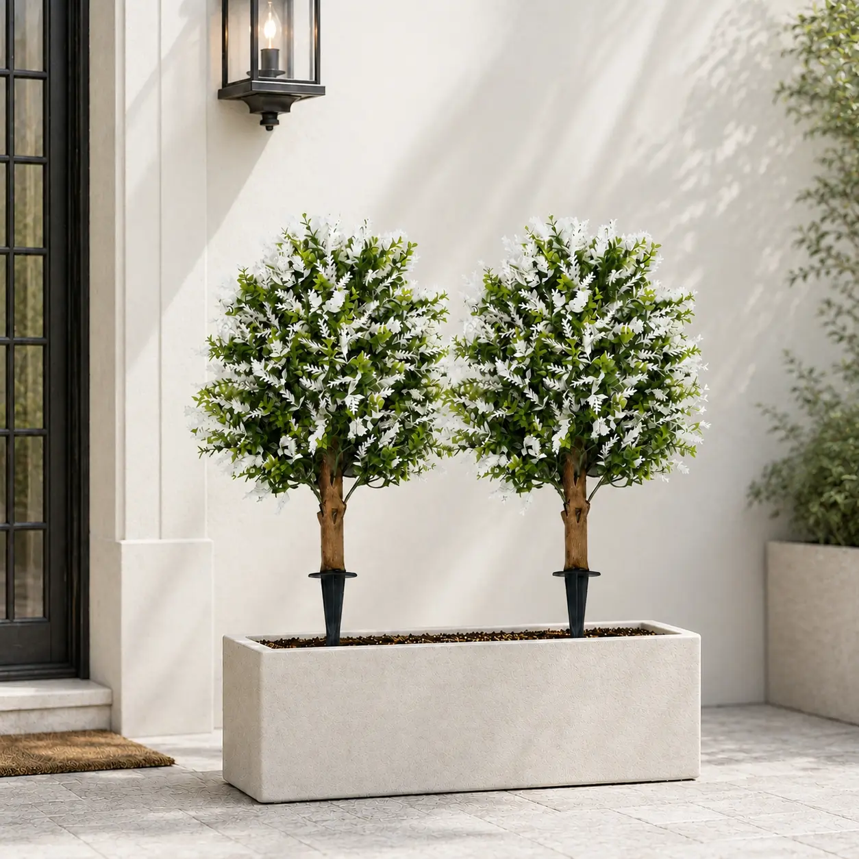 2 Pack 24 Inch Artificial White Topiary Tree Stakes, Lifelike Faux Flowering Shrubs with Ground Spikes for Outdoor Garden, Front Door, Patio, Walkway and Planter Decor sohochic