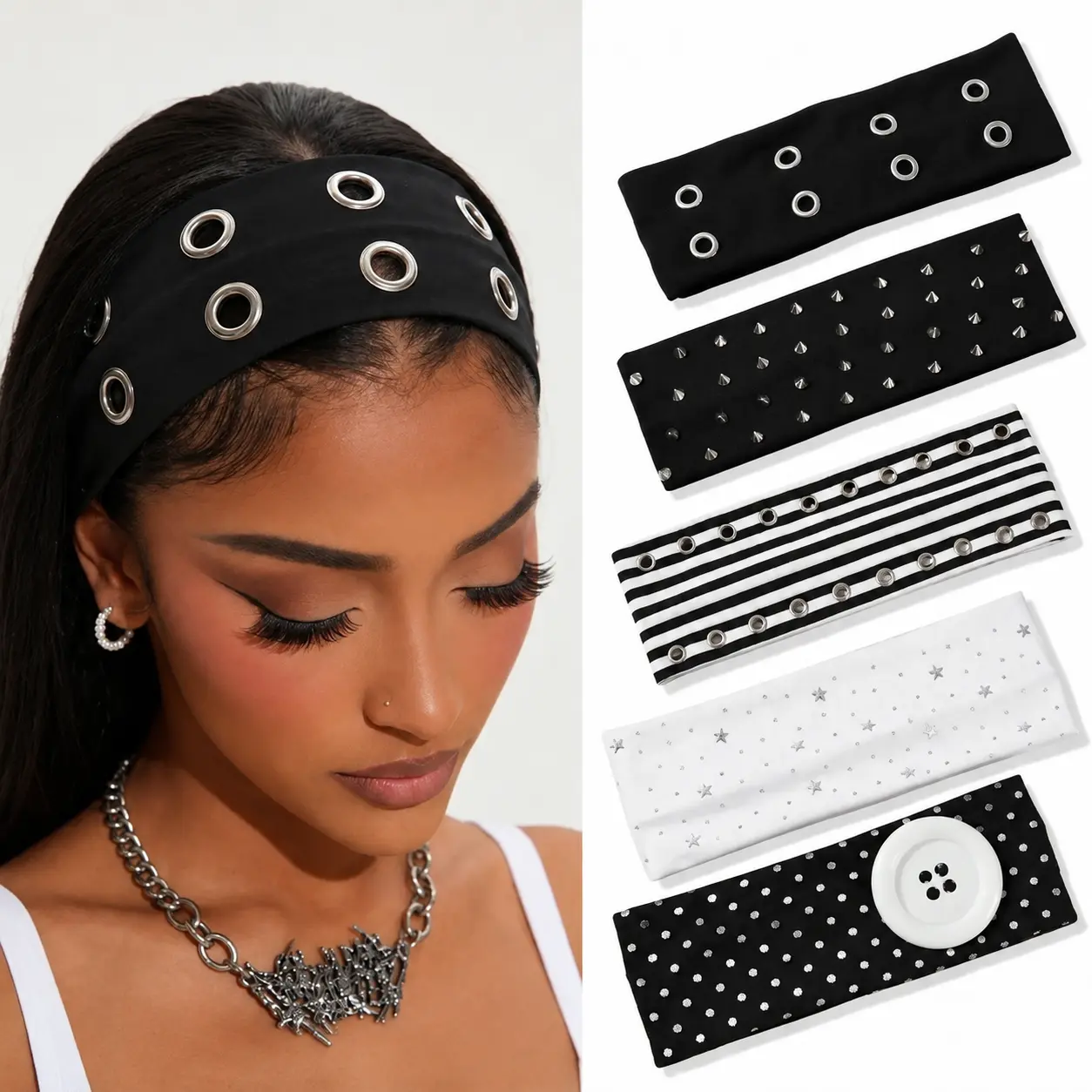 5pcs Subculture Punk Headbands for Women, Fashion Headband, Eyelet Buckle Rivet Polka Dot Button Elastic Hair Bands, Sports Sweat Absorbing Hair Accessories, Workout Headbands