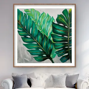 212 MAIN 48x48 in. Framed Wall Art Photo - Artistic Minimalist Tropical Nature Matted Print, 3 Large Exotic Plant Leaves, Green Floral Design, Wood Frame, Ideal Room Decoration & Home Decor Gift