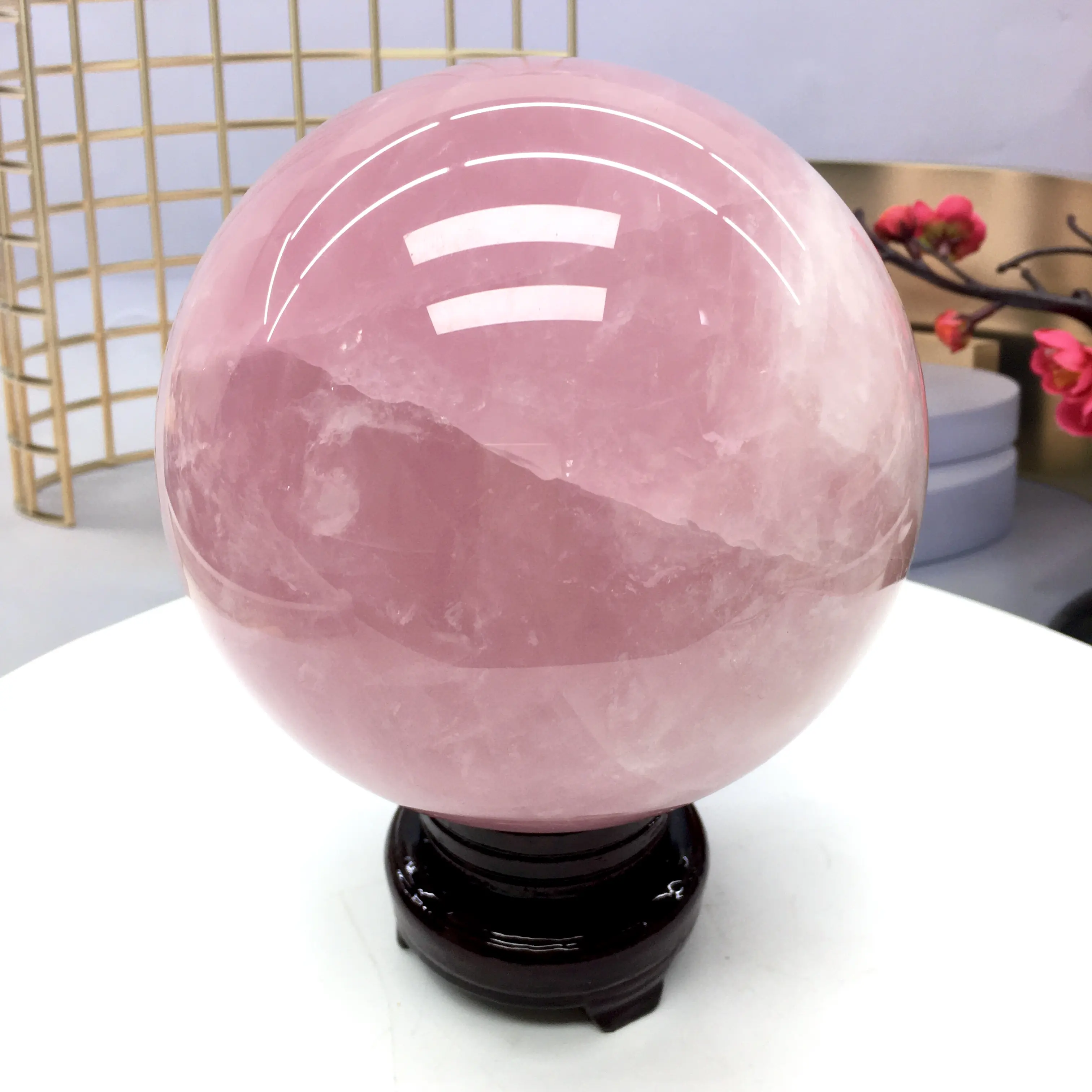 Simulated Rose Quartz Crystal Sphere, Large 3450g Hand-Polished Home Decor Ornament with Display Stand, 170x140mm, Home Ornament, Large Size