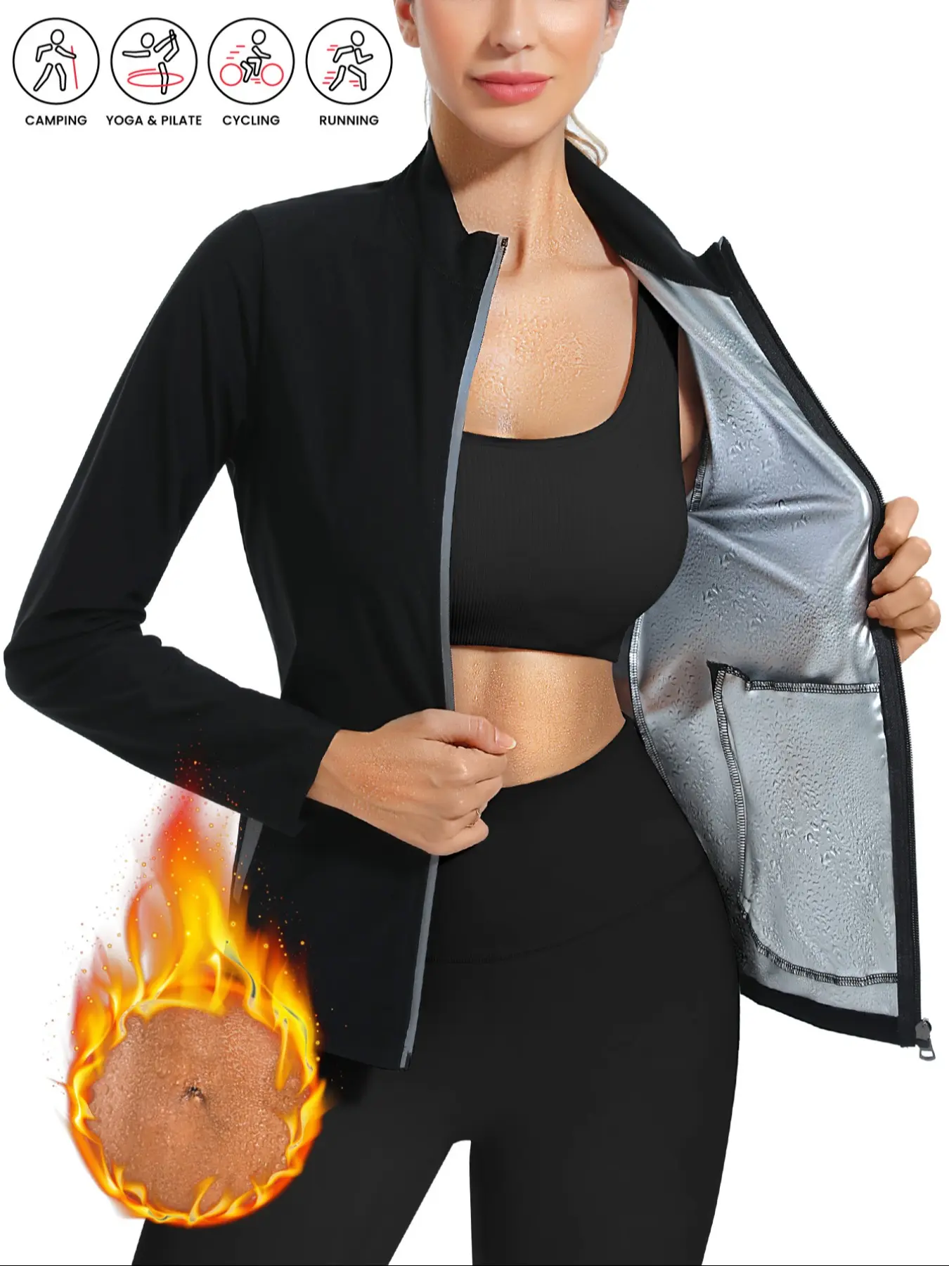 Women's Professional Sauna Suit, Stand Collar Zipper Long Sleeve Design, PU Coated Material with Pockets, Sweat-Wicking & Shaping, Sports Yoga Jacket