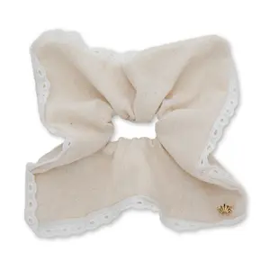 IVORY EYELET TRIM LINEN SQUARE SCRUNCHIE