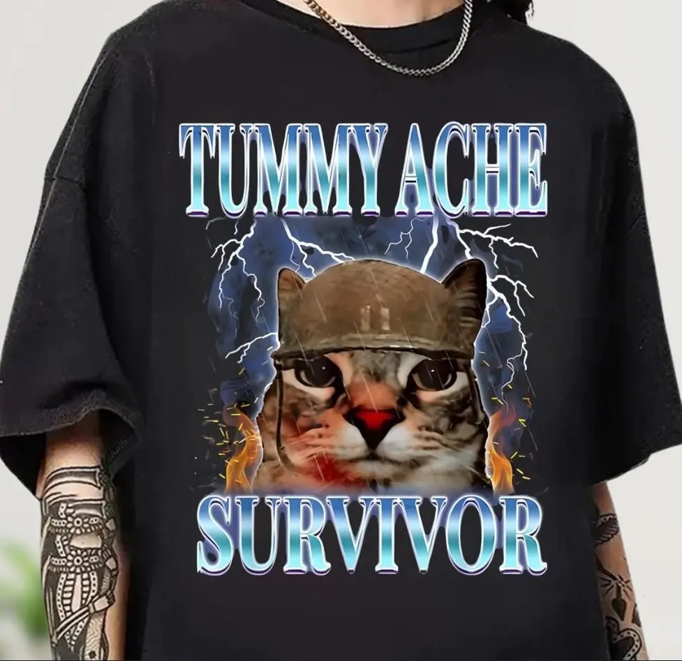 I survived today's tummy ache Shirt, Funny Cat T Shirt, Vintage Cat T-shirt, Meme T Shirt, Trendy Unisex T-Shirt, Tummy Ache Survivor Tee