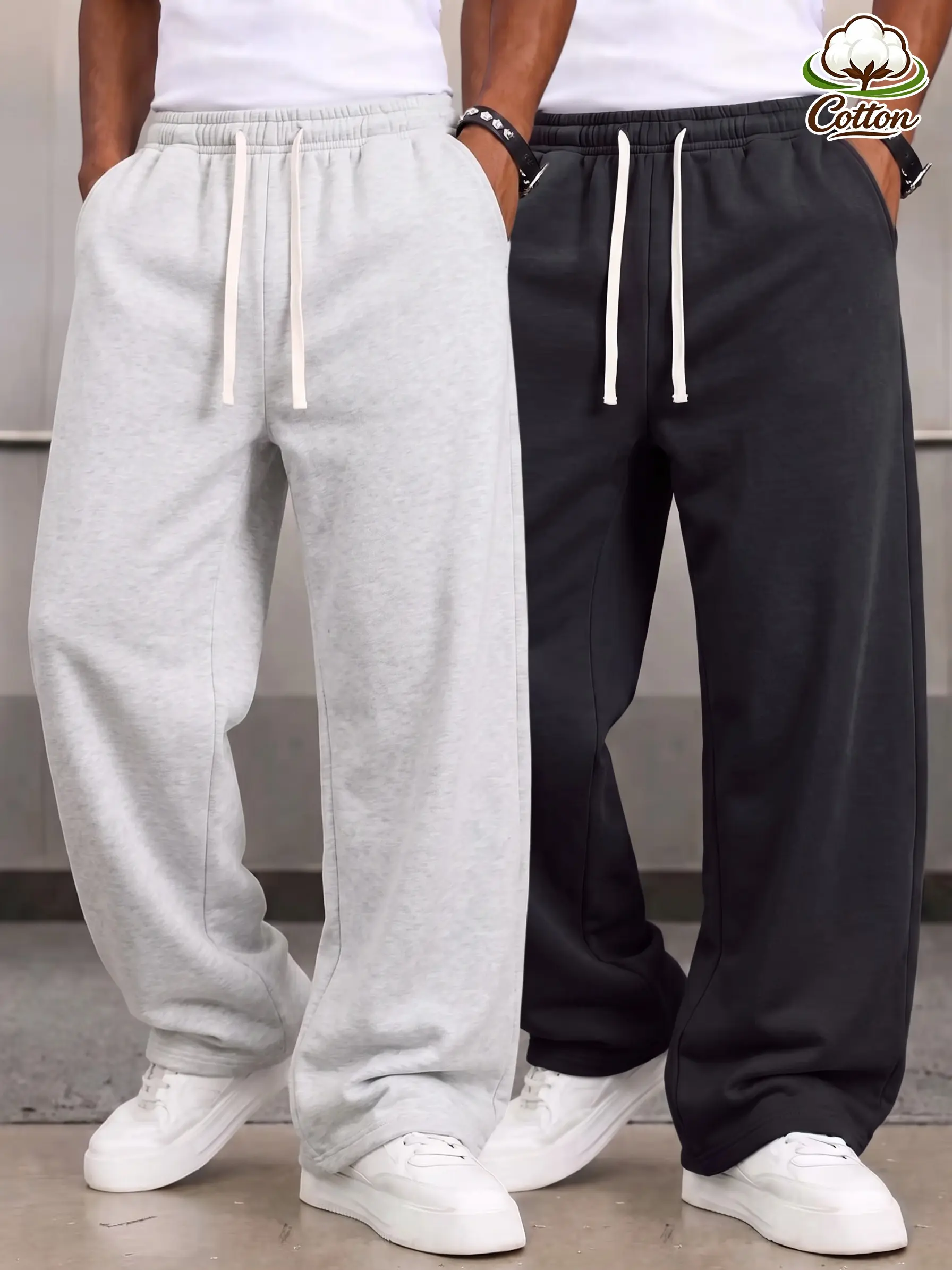 2-Pack Daily Lounge Wide Leg Sweatpants, Complete Elastic Drawcord Waist, Soft Cotton Fabric, Smooth Lightweight Solid Loungewear Multi Pack