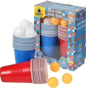 Beer Pong Game Set, 48 Pieces, 24 Red and Blue Reusable Cups with 24 Balls