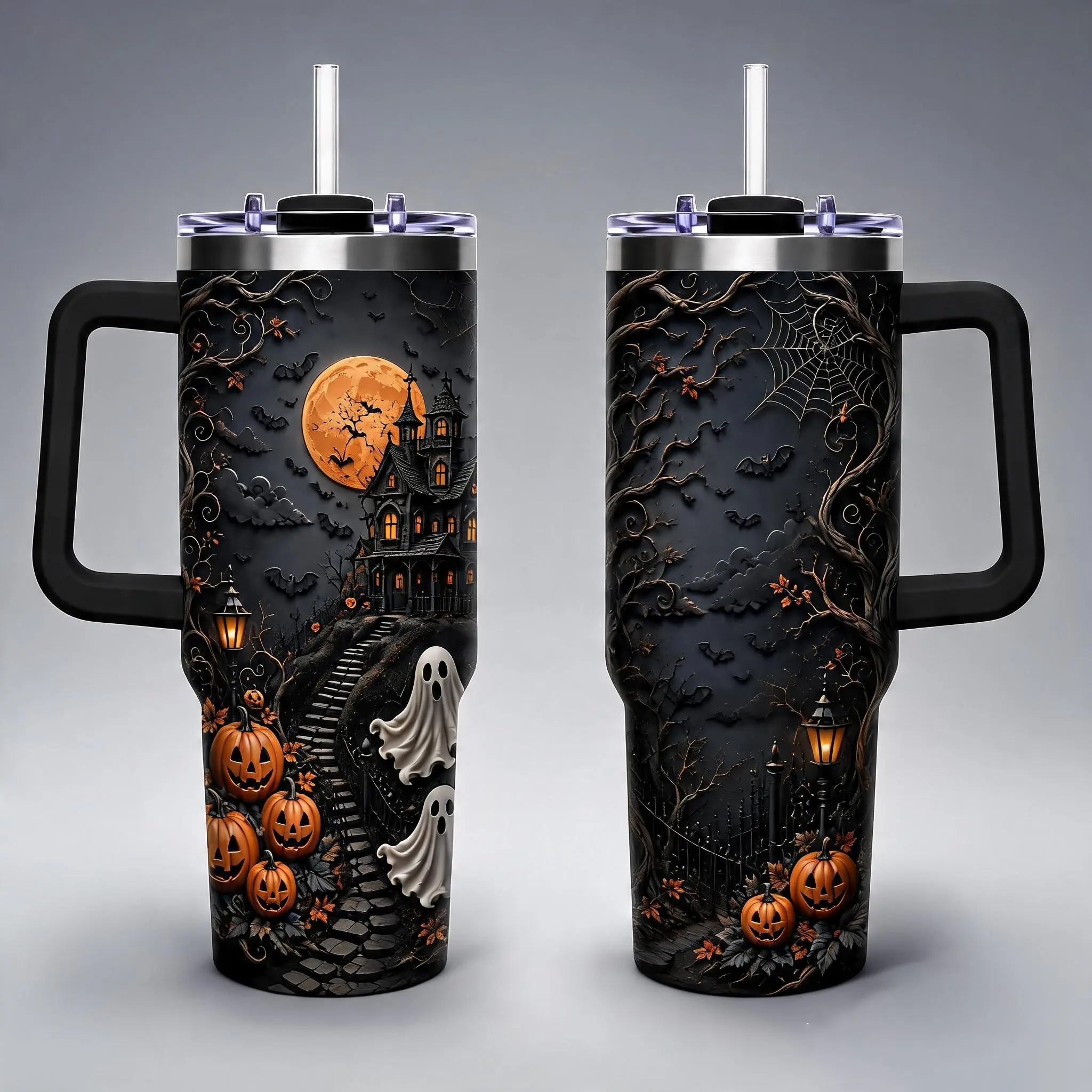 40oz Stainless Steel Insulated Portable Reusable Coffee Water Bottle, Halloween Haunted House Tumbler with Handle, Lid & Straw, Ghost Pumpkin Fall Gift, Insulation, Bottles