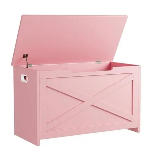 Pink Storage Chest, Storage Bench with Safety Hinge, Farmhouse Style Wooden Trunk for Entryway, Bedroom, Living Room