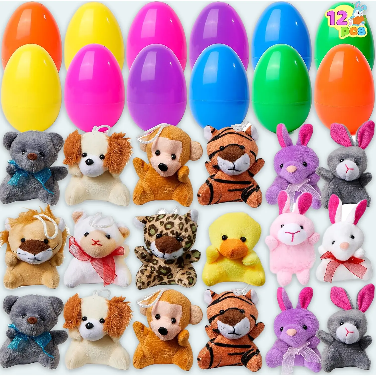 12 Pcs Unisex Prefilled Plastic Shell Easter Eggs with Bunny Rabbit Toys, Phone Straps & Charms - Surprise Mini Plush Toy Inside, Egg Hunt Fillers, Classroom Prizes for Kids, Endless Fun Basket Stuffers