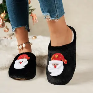 Festive fuzzy women’s slide slippers featuring cute Santa/reindeer/Christmas tree embellishments—cozy plush-lined design for warm, playful holiday lounging.