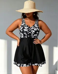 Plus-size black and white printed two-piece one-piece swimsuit with drawstring, ruched high-waisted design for a slimming tummy control effect—perfect for beach vacations, soft and stylish summer seaside getaways, and everyday casual beachwear