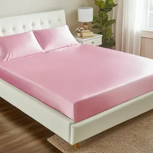 Pink satin fitted sheet — silky single-size fitted sheet for deep mattresses only; luxury soft non-fading silk-feel satin bed sheet