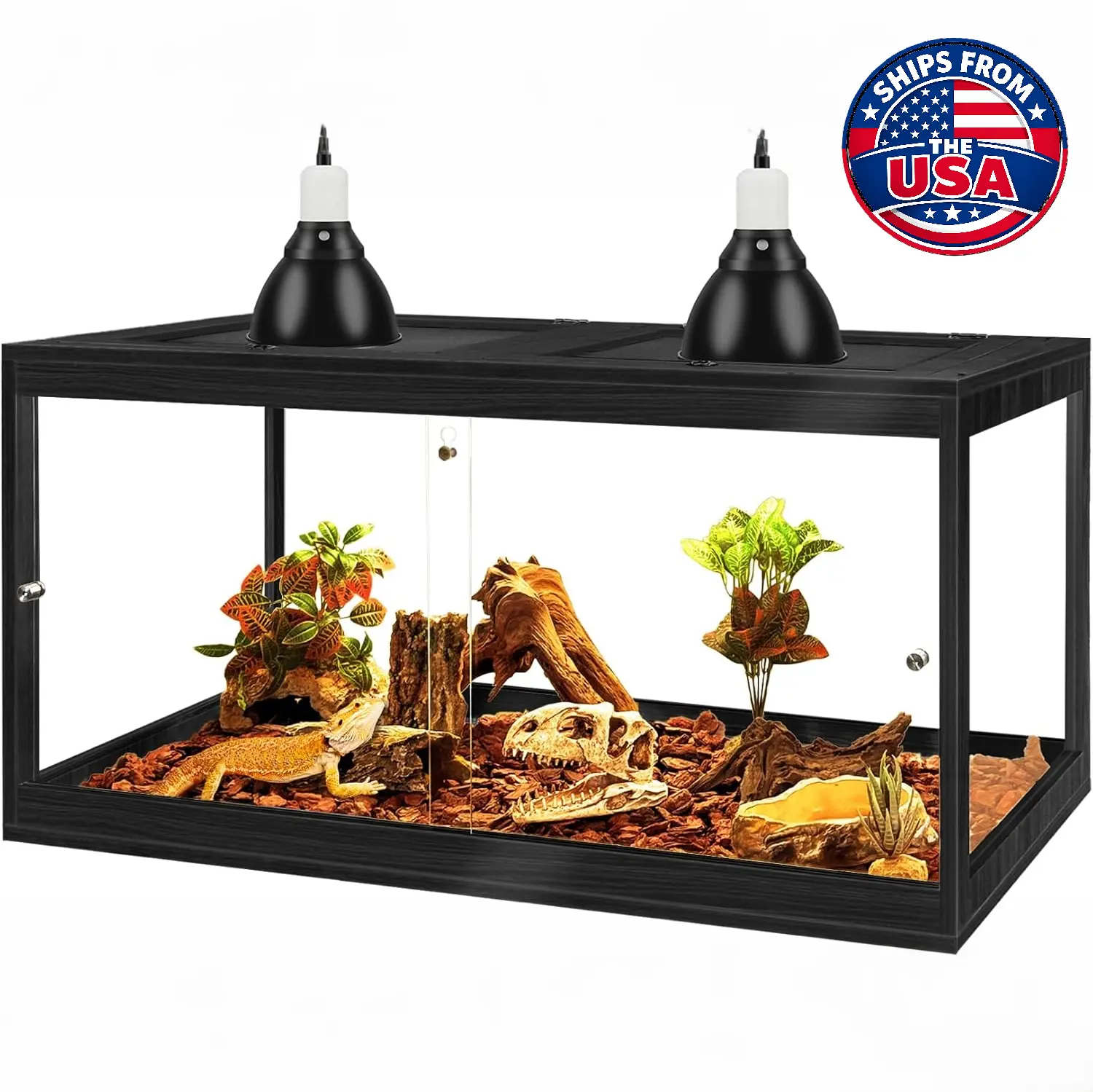 PROLEE 65 Gal Rectangle Wood Mesh Reptile Tank - 360° Tempered Glass Viewing, Double Sliding Locking Glass Doors Enclosure for Bearded Dragon, Lizard, Gecko
