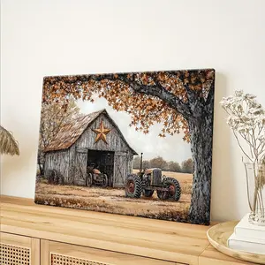 Framed Rustic Barn & Old Tractor Wall Artwork - Classic Wooden Border Decor Print, Ideal for Living Rooms and Bedrooms